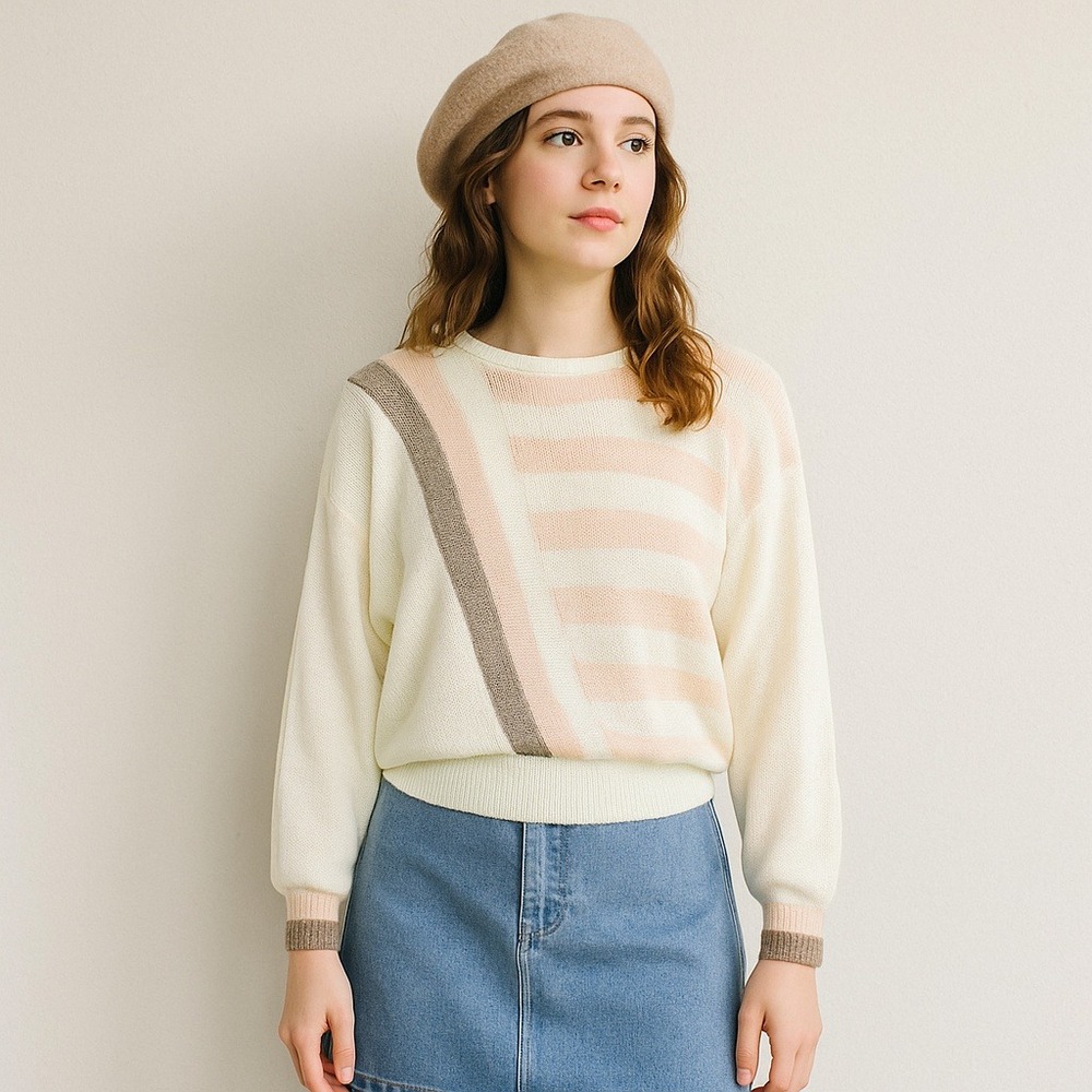 Vintage 80s Acrylic Sweater Womens M 38 Pastel Striped Cream Knit Batwing Retro